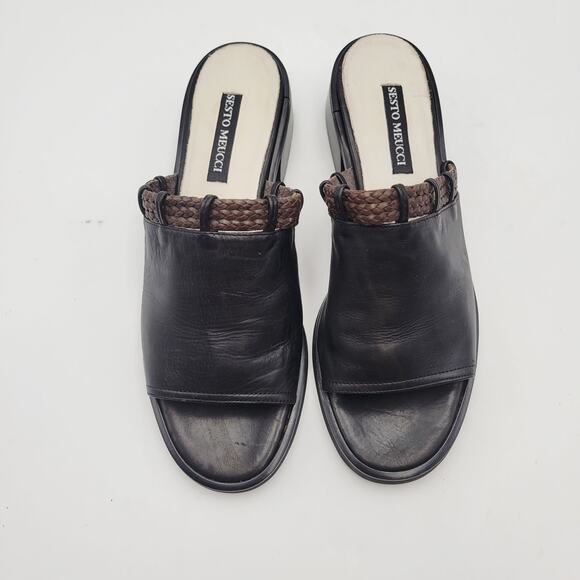 Sesto Meucci Womens 7 1/2M Black Leather Open Toe Slide Sandals Italy Woven - Picture 6 of 11